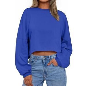 Cropped Oversized Crewneck Sweater Long Sleeve Dark Blue New